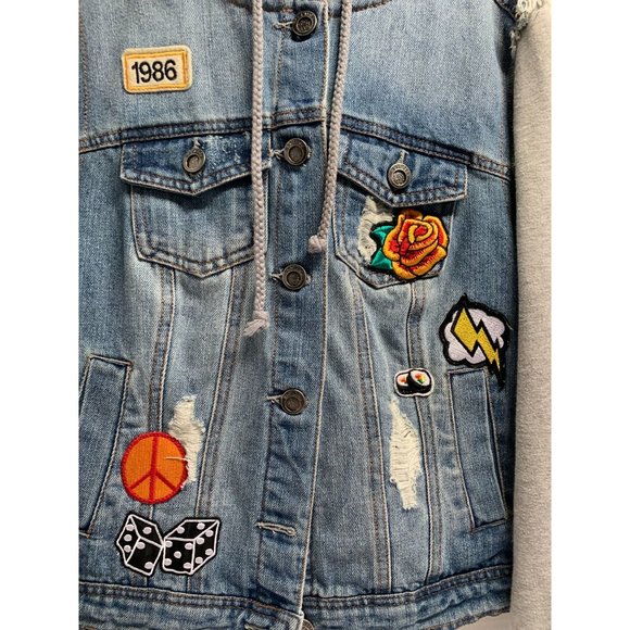 Hot Kiss Womens Size M Jean Hooded Jacket Patches Jean Vest sweatshirt Arms & Ho - Picture 2 of 4